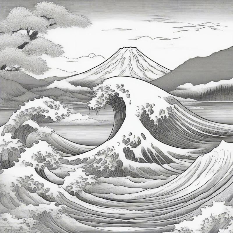 Great Wave Coloring Page with Mount Fuji in the Background