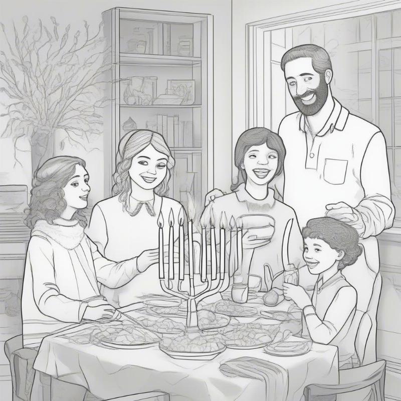 Family Celebrating Hanukkah Coloring Page