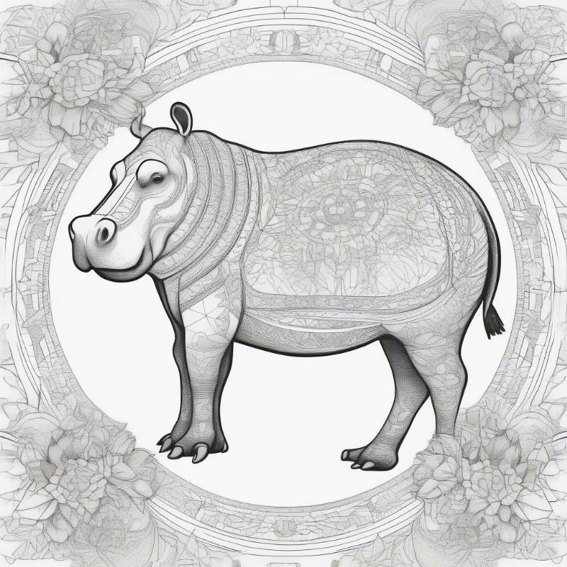 A mandala-style hippopotamus coloring page with intricate designs surrounding the hippo, offering a relaxing and artistic experience.