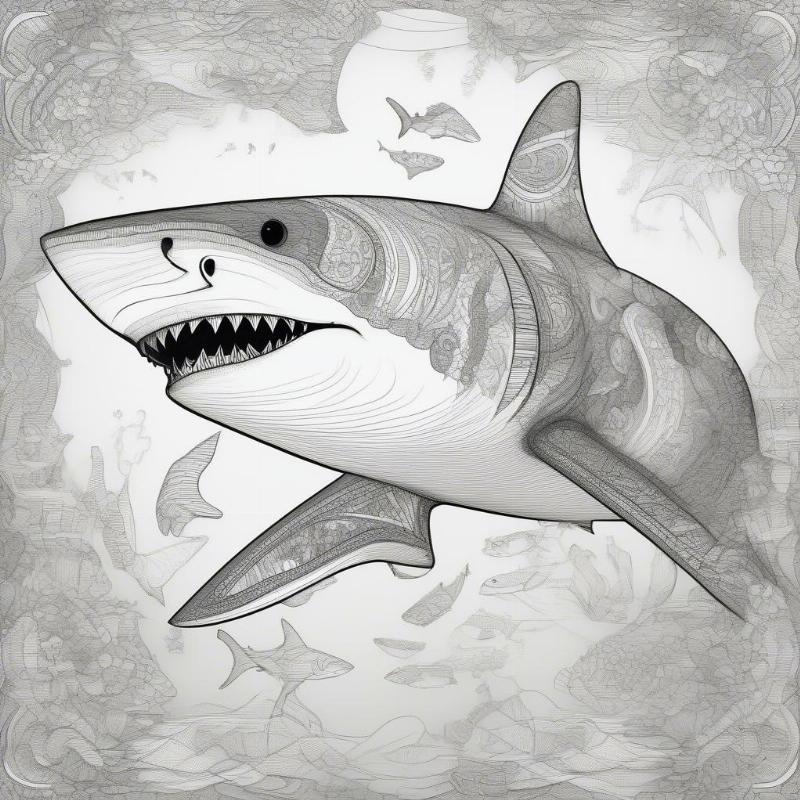 Detailed shark illustration with richly decorated patterns for creative adults