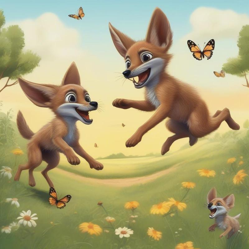 Adorable jackal cubs playing in a meadow, designed for beginners and kids.