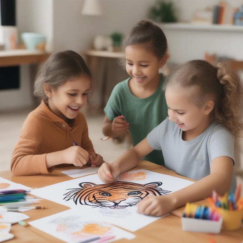 Kids coloring a tiger design at home