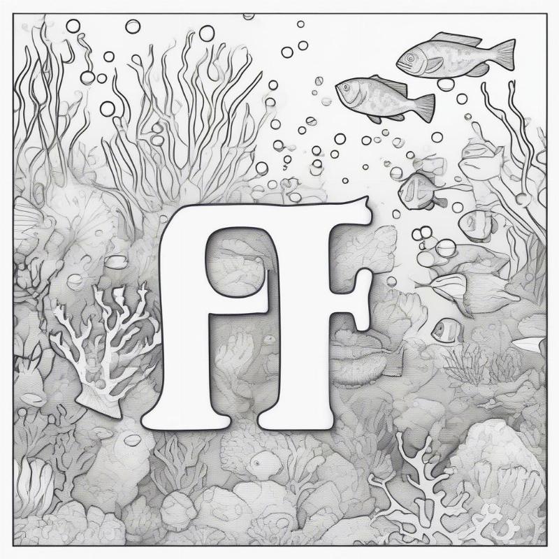 Letter F coloring page featuring a fish in an underwater scene for kids