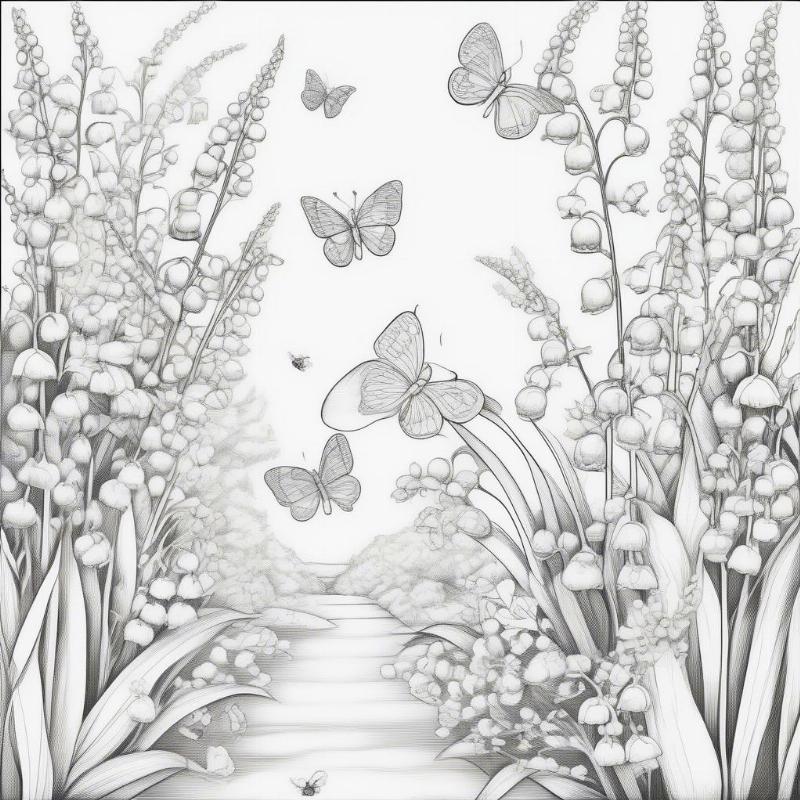 Lily of the Valley Coloring Page with Butterflies