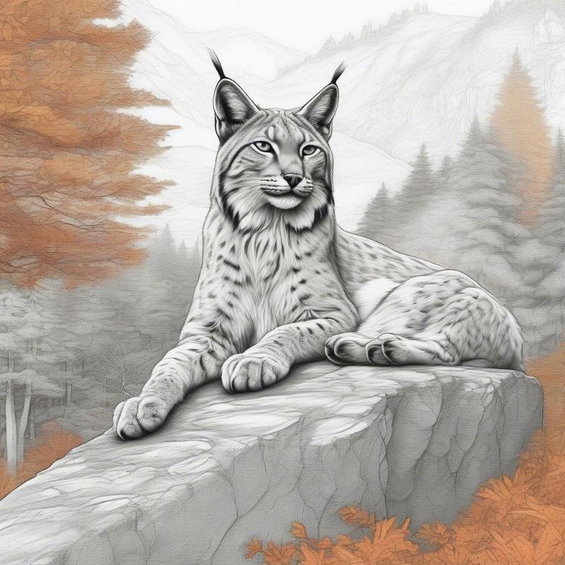 Autumn-themed lynx coloring page featuring bold seasonal hues