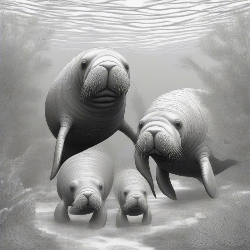 Manatee family floating together underwater, filled with marine plants