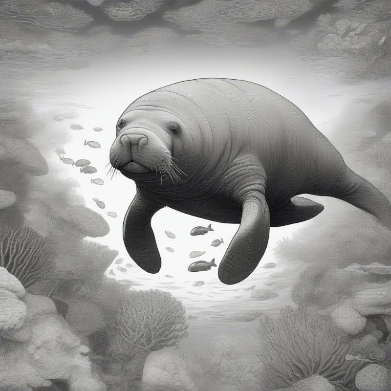 Illustration of a manatee gliding through a vibrant coral reef