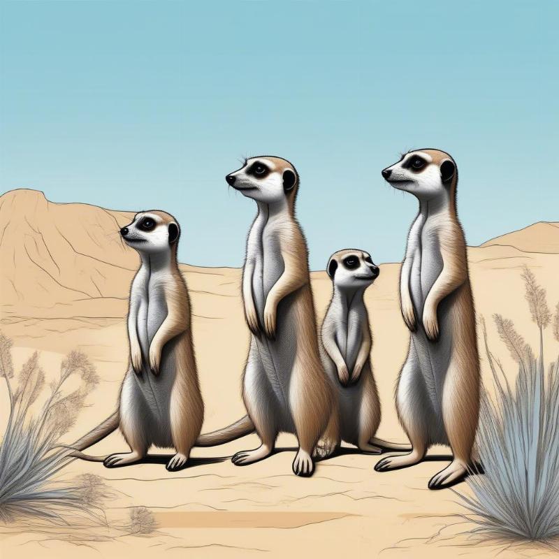 Group of meerkats standing alert in a desert landscape, perfect for kids who love animals