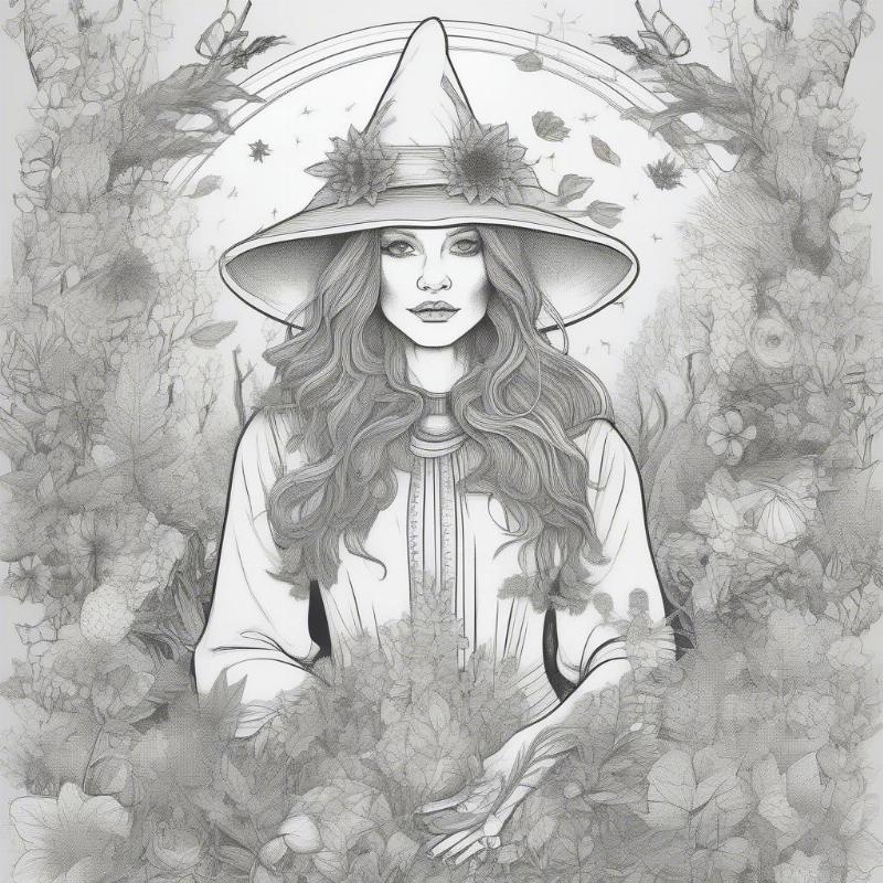 Modern Witch Coloring Page with Nature Theme