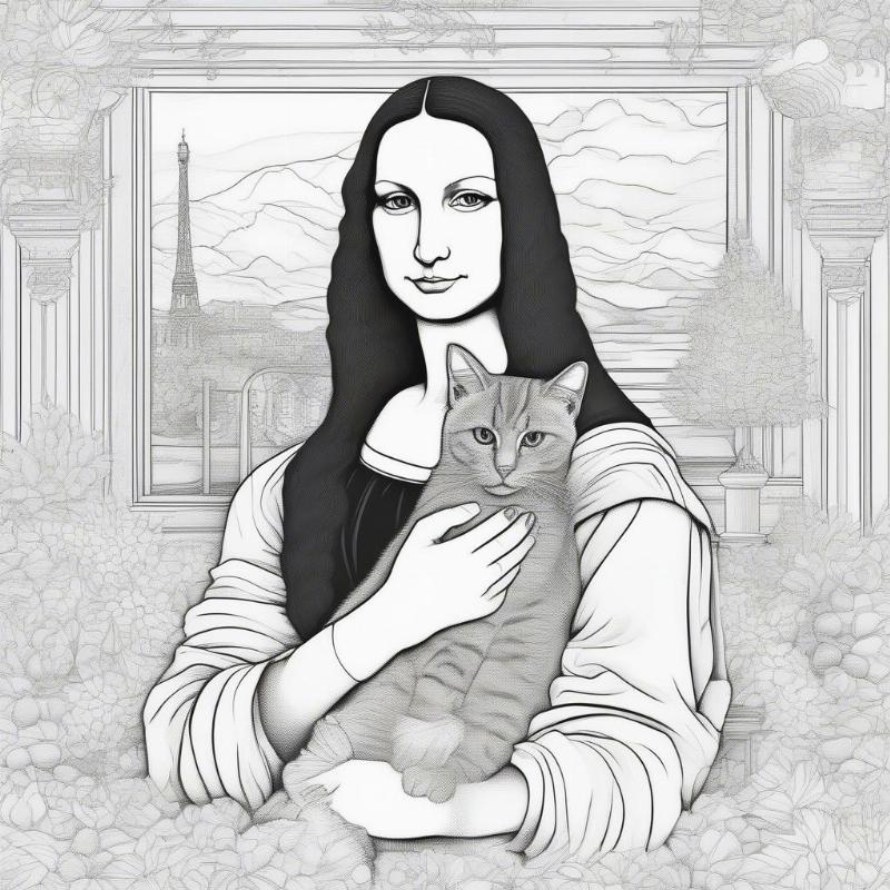 Mona Lisa with a Cat Coloring Page