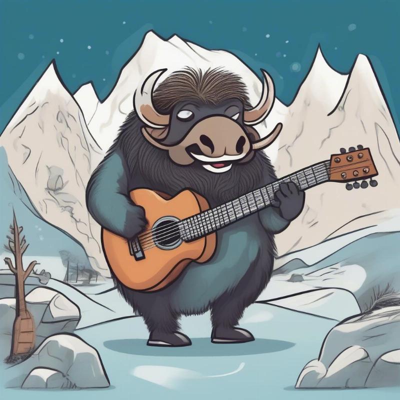 A cartoon Musk Ox holding a guitar, standing in an arctic meadow, a whimsical design that’s both fun and engaging