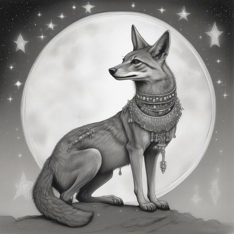 A mystical jackal with jewelry and glowing features inspired by folklore.