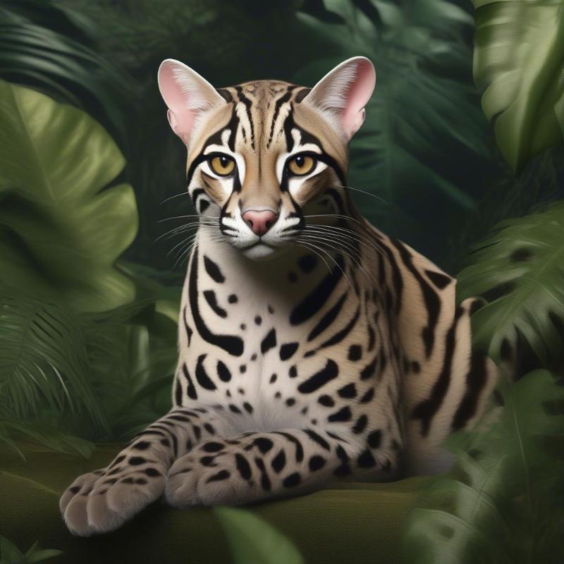 Detailed ocelot coloring page showing an ocelot in a jungle with plants.