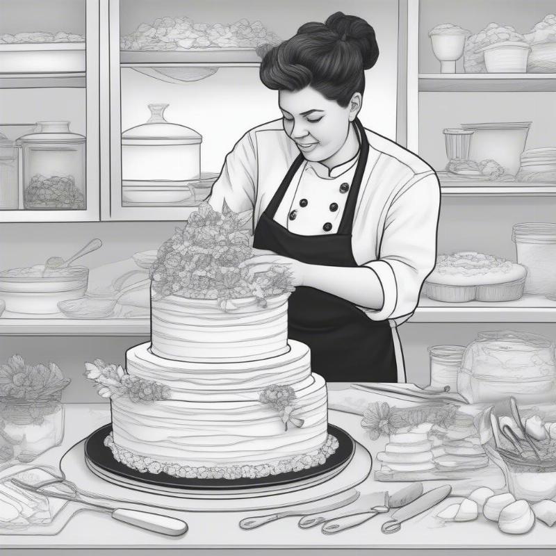 Pastry Chef Decorating Cake Coloring Page