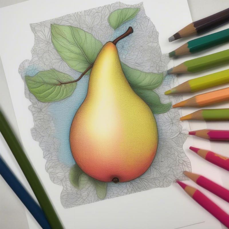 Pear Coloring Page with Colored Pencils