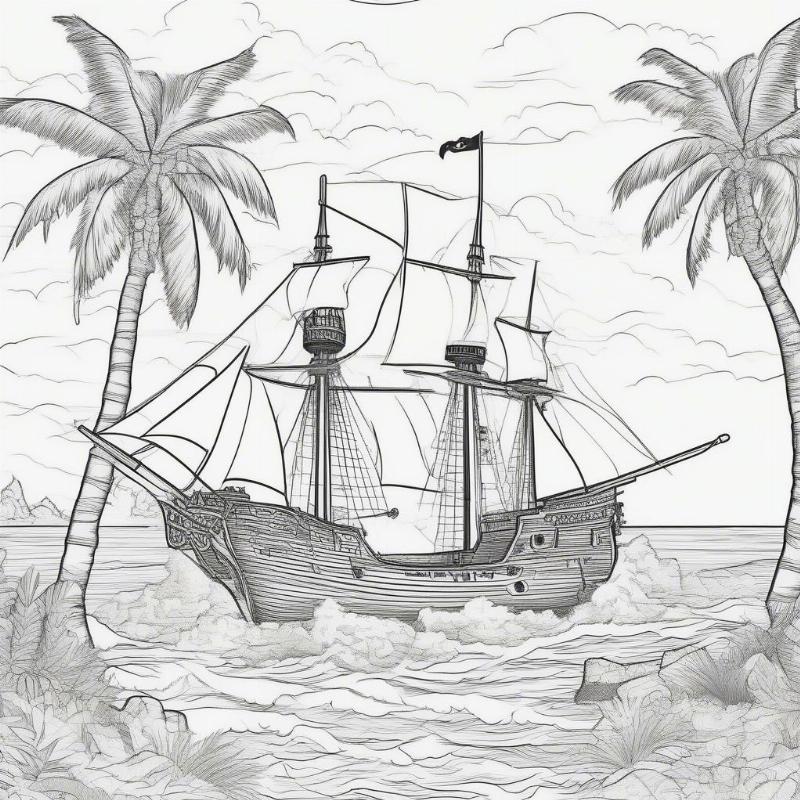 Pirate Ship and Treasure Map Coloring Page