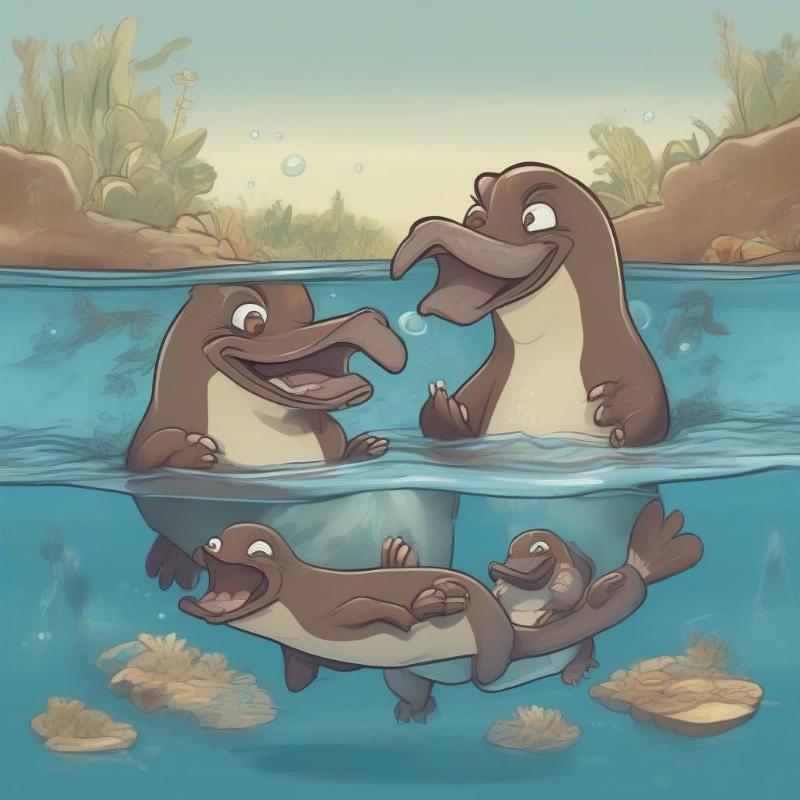 A cartoon platypus family with parents and children in a humorous underwater scene.