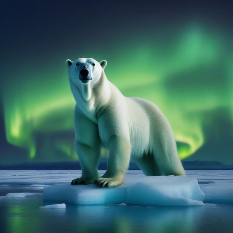 A majestic polar bear standing on an iceberg, with glowing Northern Lights in the background.