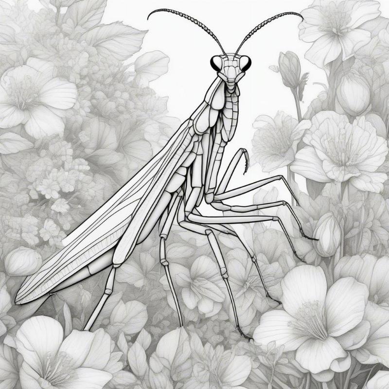 A realistic praying mantis resting on a flower, with detailed garden surroundings