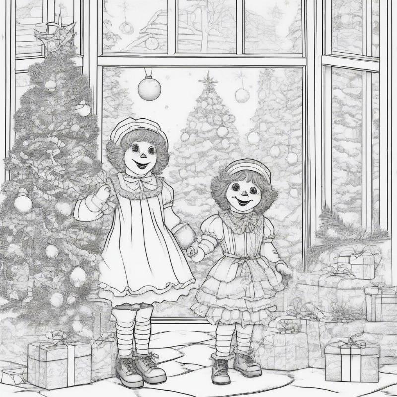 Raggedy Ann and Andy Celebrating Christmas Coloring Page