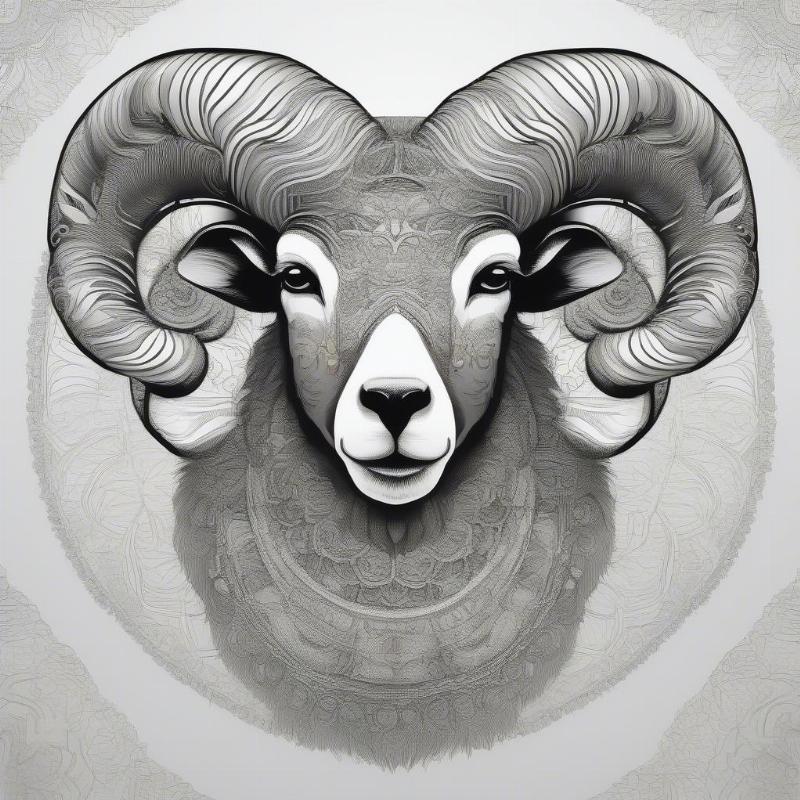 A detailed ram coloring page showcasing mandala patterns and intricately designed horns.