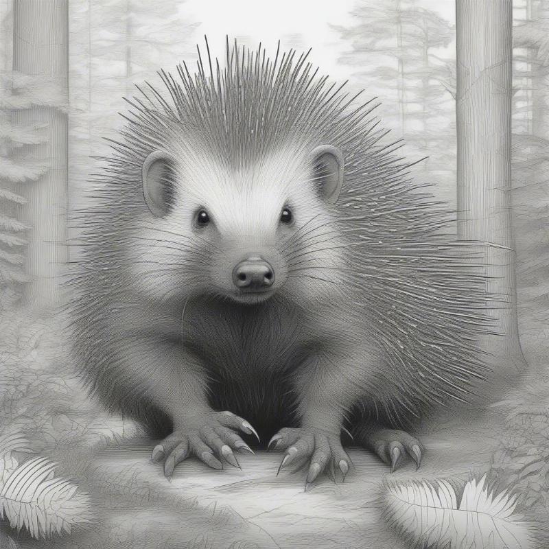 Realistic porcupine coloring page with intricate quill details.