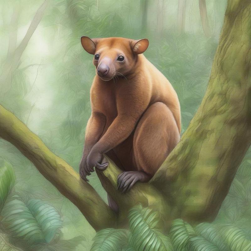 Realistic depiction of a tree kangaroo in its natural habitat.