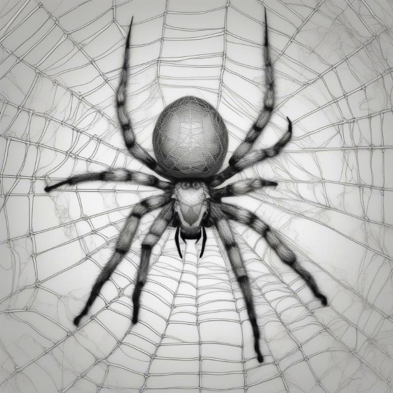 Detailed drawing of a spider perched on an intricate web surrounded by nature elements.