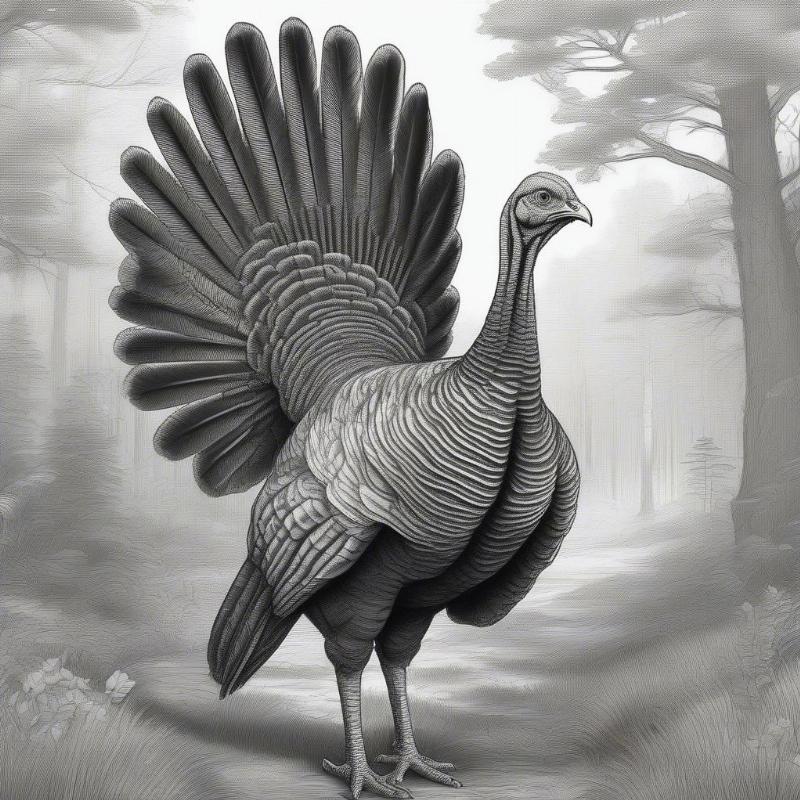 A realistic wild turkey in a grassy field surrounded by trees, offering a nature-inspired coloring experience