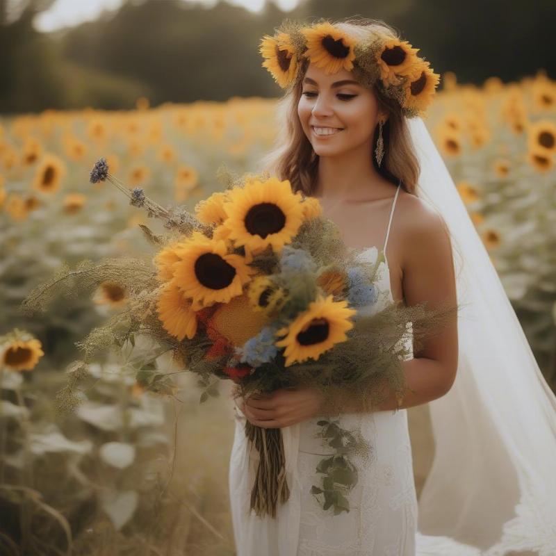 Romantic Bride with Sunflower Bouquet Coloring Page