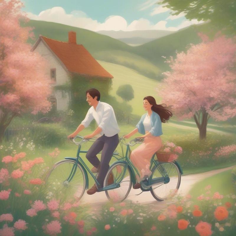 Romantic Couple Bicycle Ride with Flowers