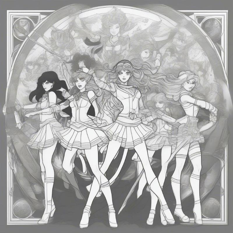 Sailor Guardians Coloring Page: Featuring the entire team in a dynamic pose.