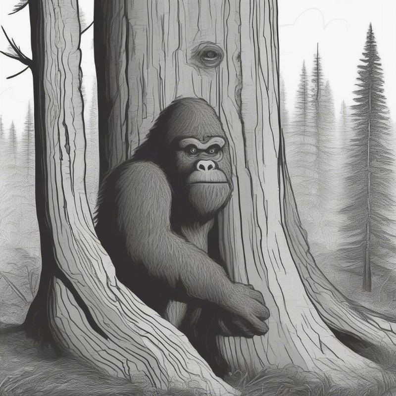 Sasquatch Peeking Behind a Tree Coloring Page