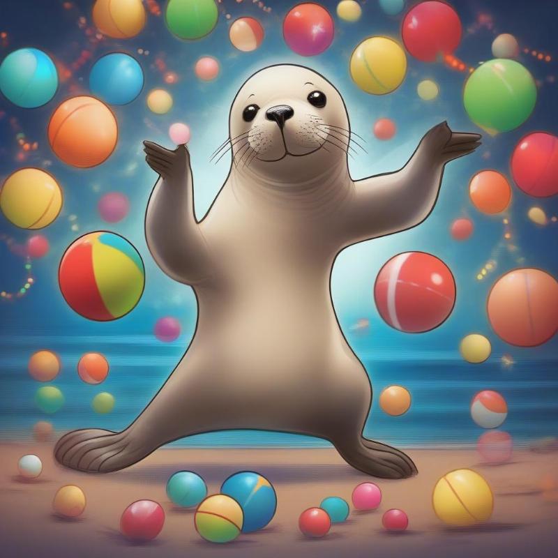 A cheerful seal juggling colorful balls while perched on a circus pedestal.