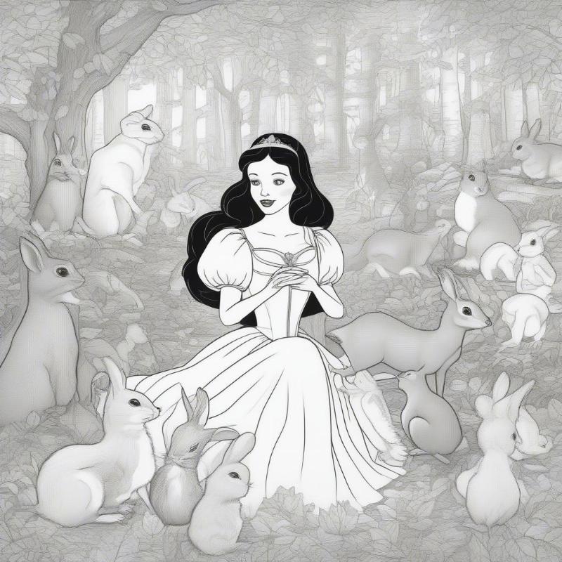 Snow White with Forest Animals Coloring Page