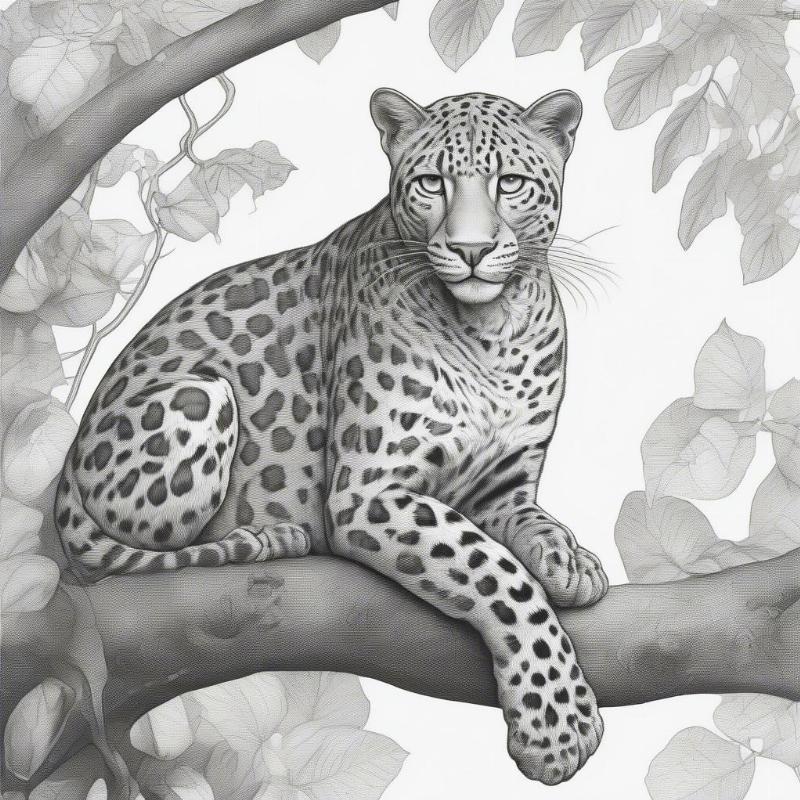 Illustration of a spotted forest leopard with intricate details on its spotted tail.