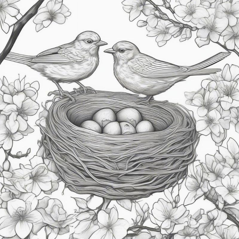 Spring Doodle Coloring Page with Birds and Nest