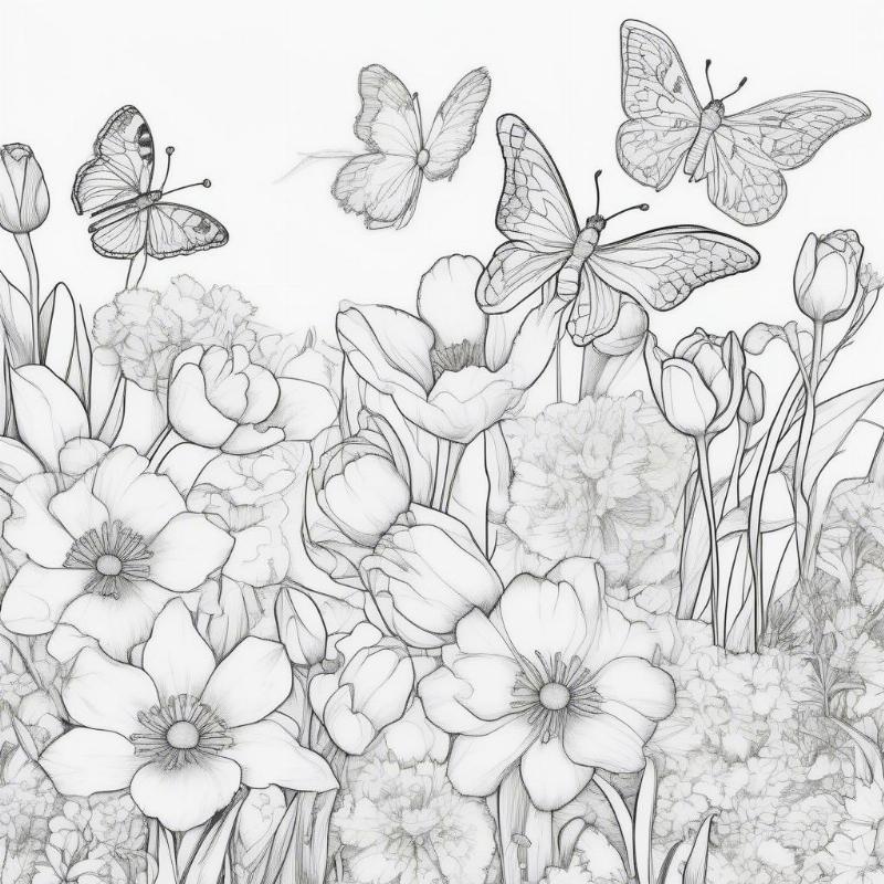 Spring Doodle Coloring Page with Flowers and Butterflies