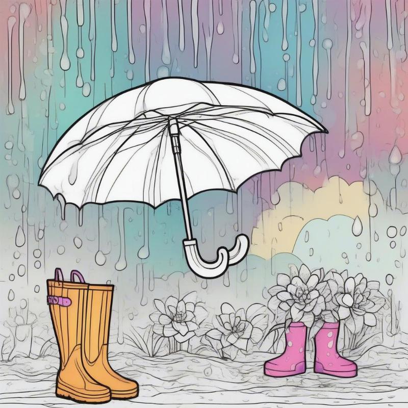 Spring Doodle Coloring Page with Rain and Umbrella