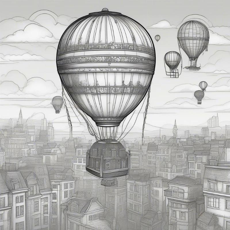 Steampunk Hot Air Balloon Coloring Page - Whimsical Illustration