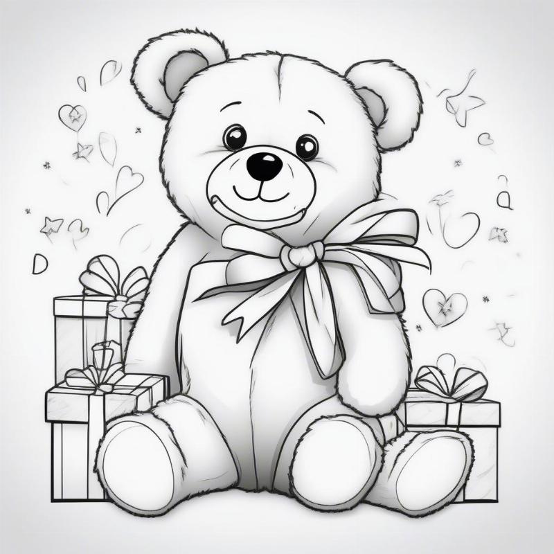 Cute Teddy Bear Holding Birthday Present Coloring Page