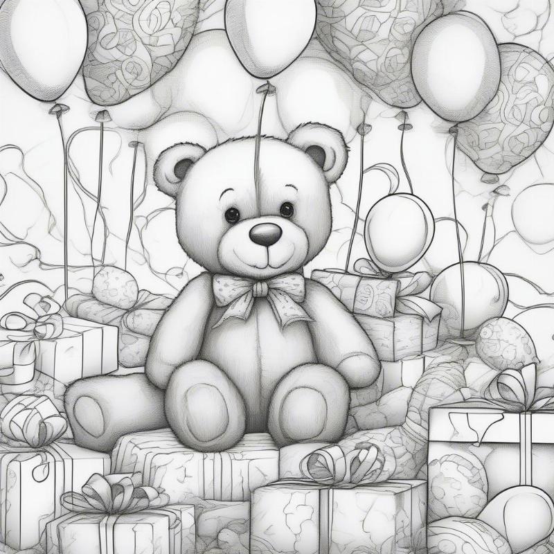 Teddy Bear with Balloons and Presents Coloring Page