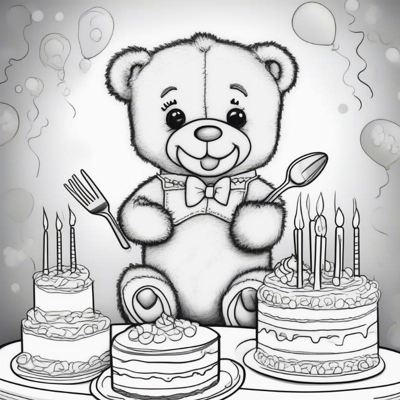 Teddy Bear with Birthday Cake Coloring Page