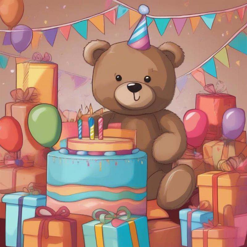 Teddy Bear with Birthday Cake and Presents Coloring Page