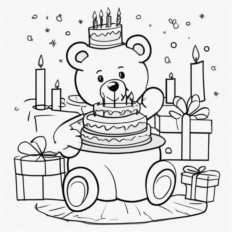 Teddy Bear with Birthday Cake Coloring Page