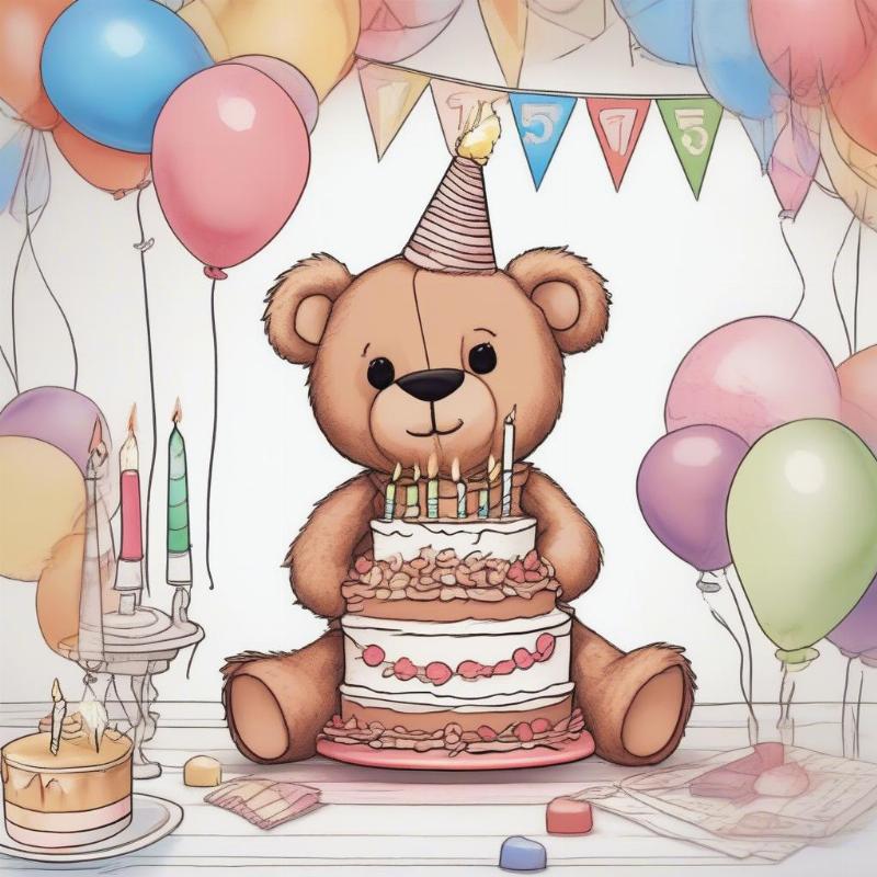 Teddy Bear with Birthday Cake Coloring Sheet