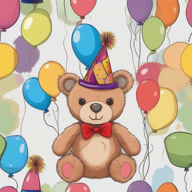 Teddy Bear with Party Hat and Balloons Coloring Page