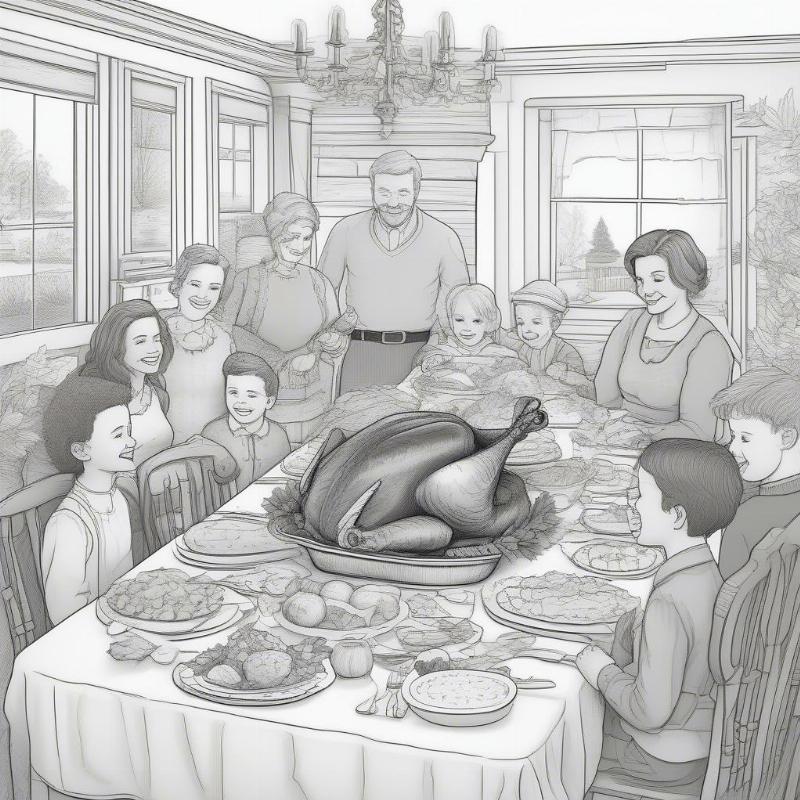 Thanksgiving Banquet Coloring Page with Family and Turkey