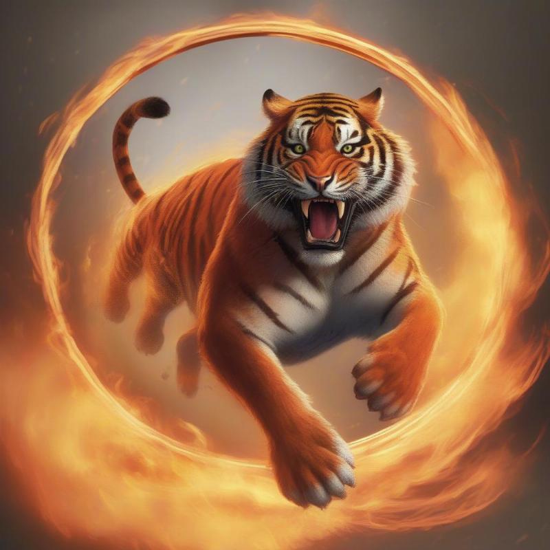 Vibrant tiger jumping through a flaming hoop in a classic circus performance.