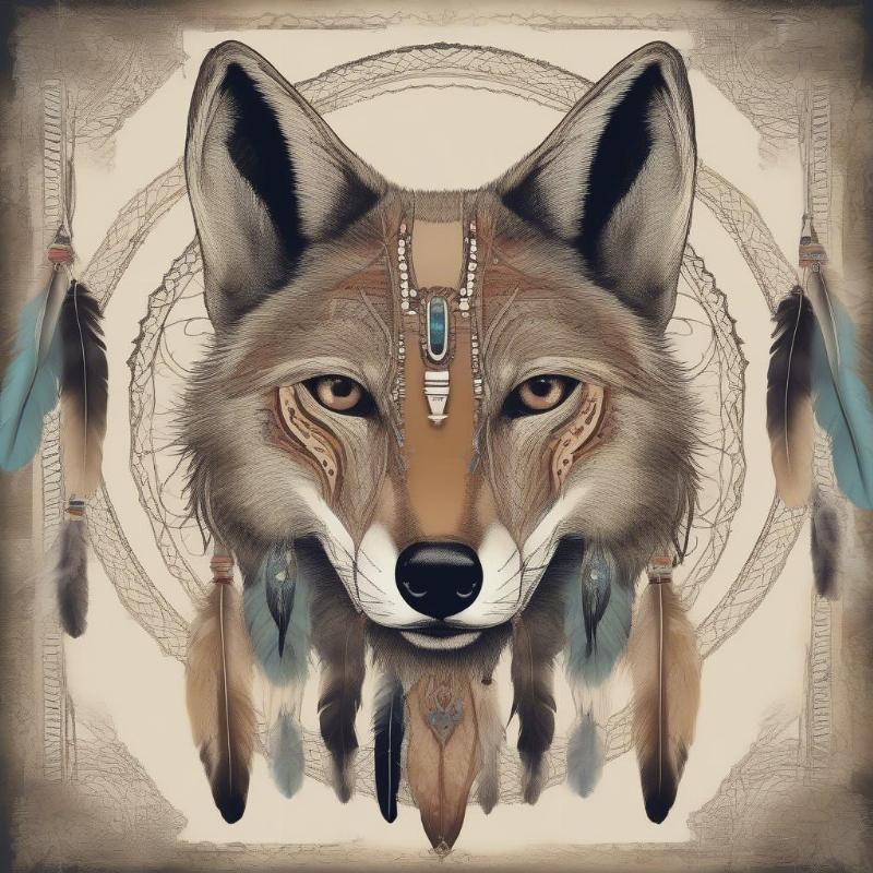 Tribal patterned coyote surrounded by symbols